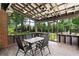 Covered patio with seating and a view of the landscaped backyard and lush greenery at 477 Glouchester Dr, Locust Grove, GA 30248