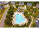 Aerial view showcases a large community pool and lounge area with nearby parking and lush greenery in the neighborhood at 2820 Garonne Way, Cumming, GA 30041