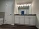 Bathroom featuring white vanity, granite countertop, with dual sinks and large mirror at 45 Heyman Dr, Covington, GA 30016