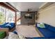 Covered patio featuring comfortable blue wicker sofas, a mounted TV, and a ceiling fan for relaxed outdoor entertainment at 2325 Woodcrest Se Dr, Smyrna, GA 30082