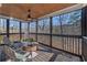 Screened-in porch with wood ceiling and deck featuring views of the surrounding wooded landscape at 6880 Nantucket Cv, Cumming, GA 30041