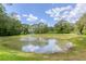 Scenic view of a pond with a fountain, surrounded by green grass and mature trees under a blue sky at 200 Rivermere Way, Sandy Springs, GA 30350