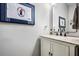 Stylish powder room with a granite-topped vanity and framed art at 1605 Loblolly Ln, Cumming, GA 30041
