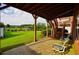 Covered patio looking out to a grassy lawn and pond in the backyard at 352 Lauren Ln, Woodstock, GA 30188