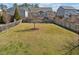 An aerial shot of the backyard showing the fenced in yard with plenty of room for activities at 2207 Derbyshire Sw Dr, Marietta, GA 30064