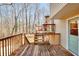 Exterior shot of a wooden deck overlooking a yard with trees. Door to home also visible at 653 Inland Way, Lilburn, GA 30047