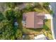 Birds eye view of backyard featuring a screened in porch, brick patio, storage shed, and mature trees at 1119 Simonton Glen Way, Lawrenceville, GA 30045