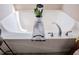 Close up of a bathtub with elegant chrome faucet and accent tray featuring a potted plant at 613 Hemlock Ct, Villa Rica, GA 30180