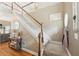 Elegant staircase featuring carpeted steps, wood railings, and ample natural light, offering a stylish transition at 2845 Hickory Cir, Snellville, GA 30078