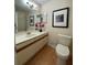 Well-lit bathroom featuring a single sink vanity, mirror and toilet at 118 Hawkstone Way, Alpharetta, GA 30022