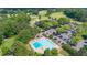 Overhead shot of community pool with sun loungers and parking, next to golf course and among green trees at 6360 Brookline Ct, Cumming, GA 30040