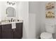 Stylish powder room with granite countertop and decorative wall art at 2626 Shadow Woods Ne Cir, Marietta, GA 30062