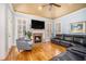 Cozy living room featuring a fireplace, plantation shutters, and comfortable seating at 4040 Annecy Dr, Atlanta, GA 30331