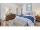 Bright bedroom featuring white walls, hardwood floors, and a comfortable bed with stylish blue and white bedding at 595 Ridgecrest Ne Rd, Atlanta, GA 30307