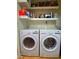 Featuring a modern, side by side, front load LG washer and dryer with a shelf on top at 1349 Orchard Park Dr, Stone Mountain, GA 30083