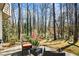 Outdoor seating arrangement on a concrete patio, surrounded by lush trees and landscaping in a private backyard at 6038 Maryjo Ln, Norcross, GA 30093