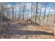 Leaf-covered trail in wooded area with a bench overlooking a peaceful setting with trees, shrubs, and bare ground at 408 River Run Dr, Atlanta, GA 30350