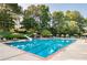 Large community pool surrounded by lush greenery, lounge chairs, and umbrellas at 1026 Wellesley Crest Dr, Woodstock, GA 30189