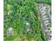 Aerial view of a private property, surrounded by a lush forest, with a beautiful backyard pool at 627 Rock Springs Rd, Lawrenceville, GA 30043