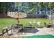 Large backyard with a striped umbrella, patio set, and green lawn perfect for outdoor activities at 5884 Grande River Rd, Atlanta, GA 30349