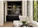 This elegant bar area has dark cabinetry, light wood floating shelves, and a beautiful window view at 6055 Tattnall Overlook, Acworth, GA 30101