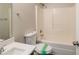 This bathroom offers a single vanity, standard toilet, and a shower-tub combo at 844 Glenshire Ct, Riverdale, GA 30274