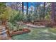 Landscaped backyard with stone bench, garden beds, and short cut grass at 1194 Kendrick Ne Rd, Atlanta, GA 30319