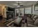 Cozy living room with a fireplace, a ceiling fan, and a comfortable sectional sofa at 3318 Sardis Bend Dr, Buford, GA 30519