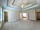 Large bedroom with carpet, tray ceilings and access to a walk-in closet and bathroom at 8008 Revere Dr, Mcdonough, GA 30252