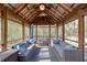 Cozy screened-in patio featuring comfortable seating and a rustic wooden ceiling at 3175 Pond Ridge Trl, Snellville, GA 30078