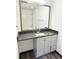 Bathroom vanity with gray cabinets, granite countertop, and rectangular mirror at 6159 Sable Fox Dr, Riverdale, GA 30296