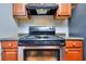 The kitchen features a stainless steel oven, a black range hood, and wood cabinetry at 586 Windchase Ln, Stone Mountain, GA 30083