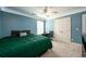 Comfortable bedroom with blue walls, white trim, plush carpet, and a ceiling fan at 260 Shadowbrooke Dr, Loganville, GA 30052