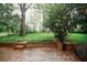 Lush backyard with brick patio, mature trees, and established landscaping at 4144 Hideaway Dr, Tucker, GA 30084