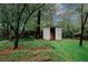Outdoor storage shed surrounded by lush greenery, offering convenient space for storing gardening tools and equipment at 4144 Hideaway Dr, Tucker, GA 30084