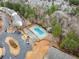 Aerial view of a community pool area with a pool house and parking at 2427 Millbank Ct, Lawrenceville, GA 30043