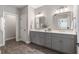 Bright bathroom with a double vanity, framed mirrors, modern lighting, and gray cabinets at 375 Banbury Xing, Alpharetta, GA 30009