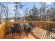 Deck with wood flooring, wood railings, and a backyard view in a wooded area at 4230 Spur Look Xing, Douglasville, GA 30135