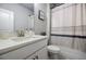 Stylish bathroom features a modern vanity with a white countertop and a shower with a patterned curtain at 10035 River Rock Dr, Roswell, GA 30076