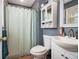 Bathroom features a shower with curtain, vanity, toilet, and mirror at 6355 Queens Rd, Douglasville, GA 30135