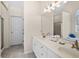 Bright bathroom featuring a double sink vanity, large mirror, and modern lighting fixtures at 49 Inverness Ct, Hiram, GA 30141