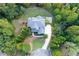 A high angle view showcases a beautiful home with a large yard in a private, wooded community at 203 Glenrise Ct, Woodstock, GA 30188