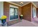 Inviting front porch featuring a brick floor, double entry doors, and decorative flower planters creating an elegant entrance at 203 Glenrise Ct, Woodstock, GA 30188