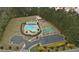 An aerial view shows a community pool, playground, and basketball court, all surrounded by lush green landscaping at 112 Bluestone Ct, Acworth, GA 30101