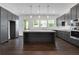 Bright kitchen with gray cabinetry, a large island with white countertops, stainless appliances, and dark hardwood floors at 2239 Chestnut Pass, Decatur, GA 30033