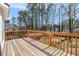 Exterior wooden deck overlooking the lush backyard and tall trees at 1370 Wheatfield Dr, Lawrenceville, GA 30043