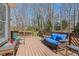 Inviting wooden deck featuring comfortable wicker seating and view of the expansive outdoor scenery at 7270 Sheffield Pl, Cumming, GA 30040