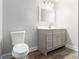 Neutral bathroom with gray vanity, modern mirror, and wood-look flooring at 9515 Deerfield Ln, Jonesboro, GA 30238