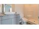 Bathroom with a modern vessel sink, gray cabinets, toilet with bidet, and shower with a built-in seat at 246 Orwell Dr, Social Circle, GA 30025