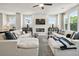 Comfortable living room featuring plush sofas, a ceiling fan, and a cozy fireplace with a mounted TV at 401 Nix Ln, Lawrenceville, GA 30046